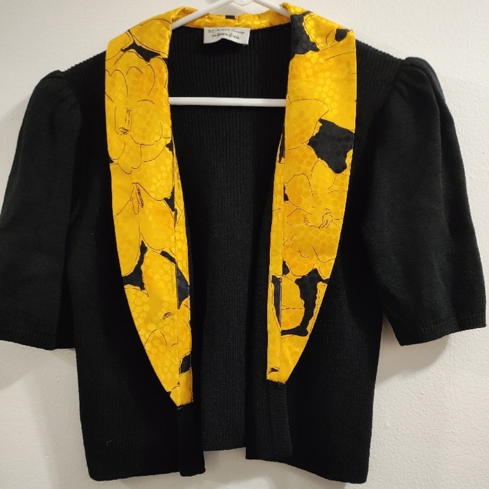 Vintage St. John cropped Black Sweater with Yellow Floral Trim cardigan.